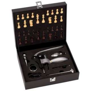 Wine Opener And Chess Set Corkscrew, Faux Leather Case  