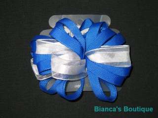 NEW BLUE & WHITE Girls Ribbon Cheer Bow Hairbow Clip  