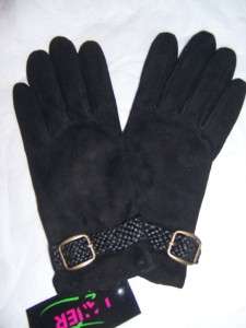 Black Cashmere Suede,Braided Wrist Strap Leather Gloves  