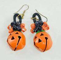 Unsigned Jack O Lantern Pumpkin Bell Halloween Earrings  