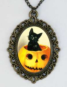 Black Cat in a Jack o Lantern necklace fun halloween  
