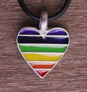 Rainbow Heart Amulet Pewter Pendant w Black Necklace  