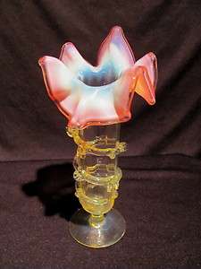 Victorian Vaseline Opalescent Cranberry Art Glass Vase Circa 1880 