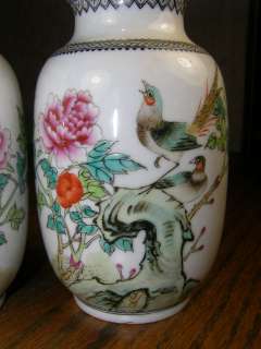   Painted Chinese Porcelain Vases with Flower & Birds Design & Lettering