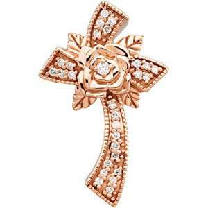  14K Rose Floral Hispanic Diamond Cross 1/6 Ct Tw 