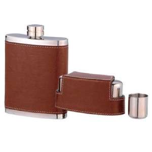 CLASSIC LUXURIOUS BROWN LEATHER LIKE WHISKEY FLASK SET