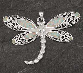 Sterling Silver White Opal Filigree Dragonfly Pendant   