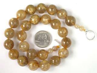 Necklace Gold Rutilated Quartz 15mm Round Beads 925 A+  