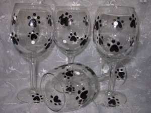Dog Cat Paw Print Hand Painted Wine Glasses Set of 4  