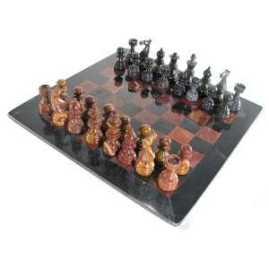  16 Deluxe European Red and Black Marble Chess Set with 