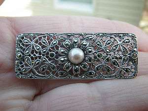 Art Deco Sterling Marcasite & Cultured Pearl Pin  
