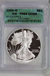 2003 W Silver American Eagle Proof Dollar ICG PR69 DCAM US Mint 