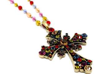 VICTORIAN STYLE CROSS MULTI COLOR CRYSTAL NECKLACE  
