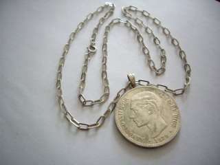 1879 ALFONSO XII 5 PESETAS STERLING SILVER COIN PENDANT  