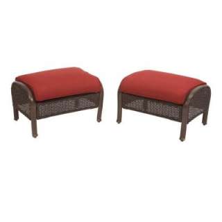 Cedar Island All Weather Wicker 2 Pack Patio Ottoman with Red Cushions
