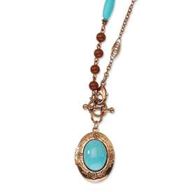 1928® Copper Tone Aqua Brown Beads 16in Locket Necklace  
