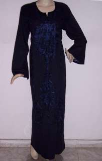 Dark Blue Egyptian Cotton Embroidered Kaftan Caftan long Dress   Size 