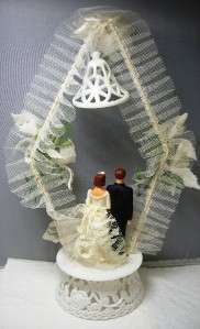 LARGE VINTAGE PLASTER BRIDE & GROOM CRINOLINE WEDDING CAKE TOPPER 