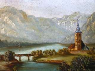 Biedermeier Gemälde Bergsee m. Kirche um 1830 Öl/Kt  