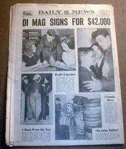 1942 newspaper headline JOE DiMAGGIO signs with New York YANKEES for $ 