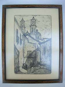 Old vintage framed wood cut print of Mexican church  