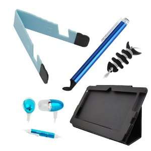 GTMax Blue Mini Stand for Tablet + Black Folio Leather Protector Cover 