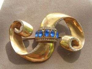 Vtg Art Deco Sapphire Rhinestone Ribbon Brooch Pin  