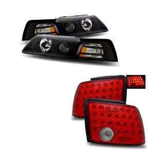   Mustang Black Projector Headlights /w Amber + LED Tail Lights Combo