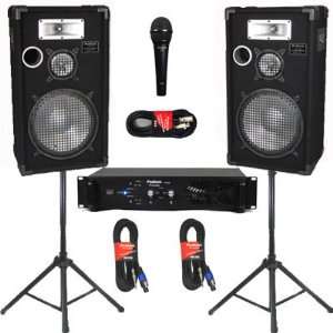 New Deluxe Speakers 12 Three Way, Stands, Amp, Cables and Mic Set for 