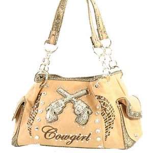   Tan Cowgirl Pistol Gun Rhinestone Six Shooters Handbag Purse  