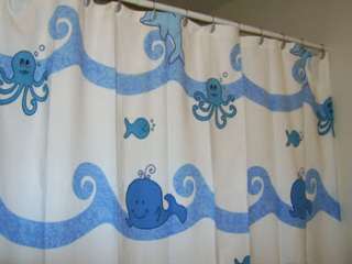 Whale Time Fabric Bath Shower Curtain Dolphin Fish Octopus Waves Blue 