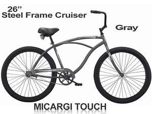   Touch Mens 26 Steel Frame Steel Beach Cruiser Bike   Gray  