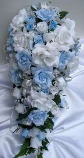 21pc Bridal bouquet wedding flower L.BLUE / SILVER  