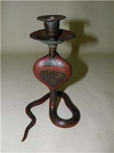 HAND PAINTED INDIAN BRASS COBRA CANDLE HOLDER  