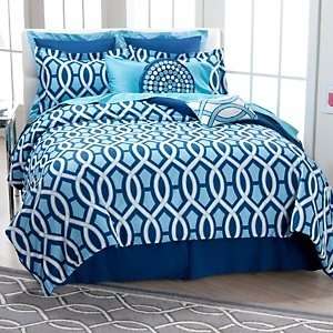  JONATHAN ADLER Blue TRELLIS Retro 8PC QUEEN COMFORTER SET 