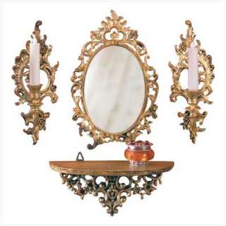 Baroque style mirror, shelf and candle sconces with tapers in gorgeous 