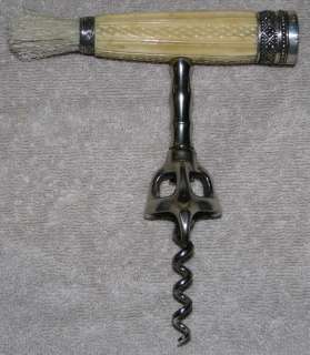 Carved Bone Handle Corkscrew w/ Brush Walker Patent Bird Beak Bell 