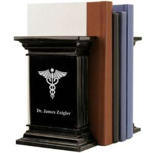   Marble Medical Bookends with Antique Bronze Caduceus 