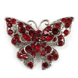  Hot Red Crystal Filigree Butterfly Brooch (Silver Tone) Jewelry