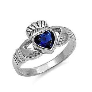   Sterling Silver size 6 Blue Sapphire Cubic Zirconia Claddagh ring