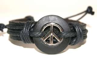 Semi Adjustable Leather Surf Style Peace Sign Bracelet  