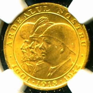 1944 ROMANIA GOLD COIN 20 LEI * NGC CERTIFIED & GRADED MS 64 LUSTROUS 
