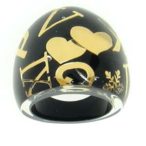  Pretty Large 24kt Gold Leaf & Black Resin Chunky Ring, 8 Jewelry