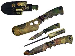   Camo Hunting Knives Butcher Skinning Knife Set Sharpener & Case  