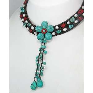   Native American Turquoise and Coral Flower Necklace 