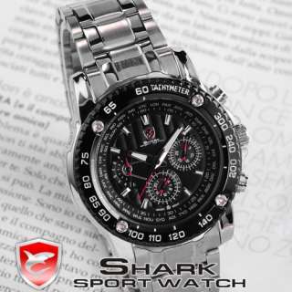  Shark Black Led Dual Time Date Men Sport Quartz Watch Waterproof Clock