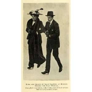  1911 Print King & Queen of Spain Alfonso XIII Skating 