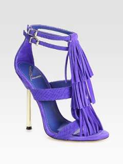 Brian Atwood   Luciana Snake Print Leather and Suede Fringe Sandals 