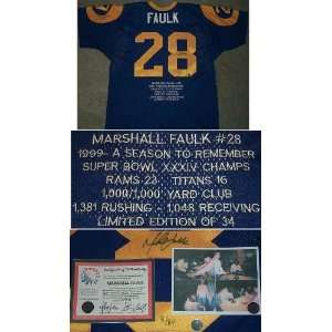 Marshall Faulk Signed Rams t/b LE34 Stat Blue Jersey