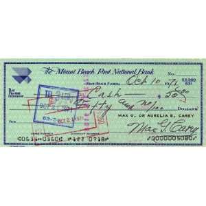 Max Carey Autographed Check